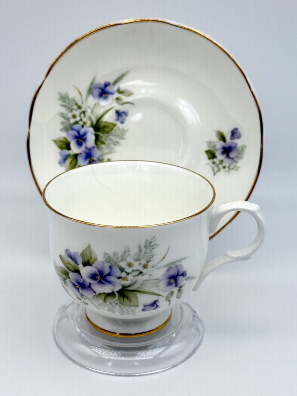 Sadler Wellington Lavender Floral Teacup and Saucer Set Pansy Gold Trim Vintage